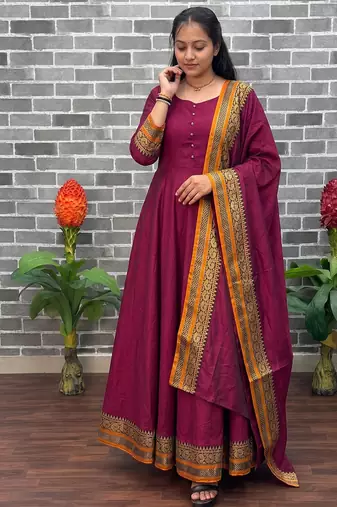 New trendy stylish wine solid anarkali kurta with traditional golden border dupatta set