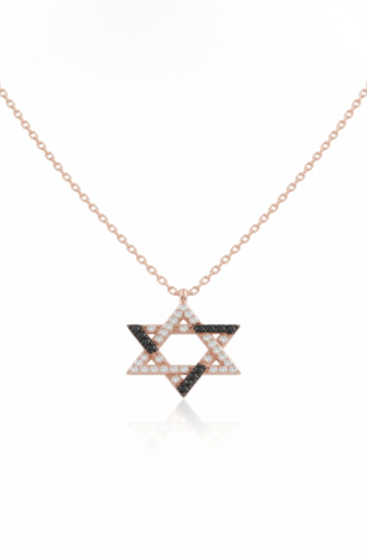 925 Sterling Silver Rose Gold Plated Star of David Necklace with Black & White Cubic Zirconia