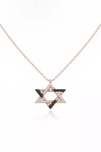 925 Sterling Silver Rose Gold Plated Star of David Necklace Pendant Set  with Black & White Cubic Zircon