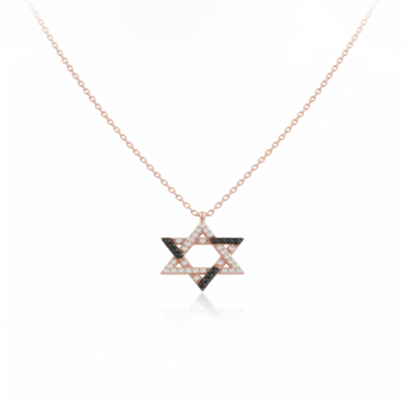 925 Sterling Silver Rose Gold Plated Star of David Necklace with Black & White Cubic Zirconia