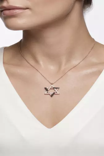 925 Sterling Silver Rose Gold Plated Star of David Necklace Pendant Set  with Black & White Cubic Zircon