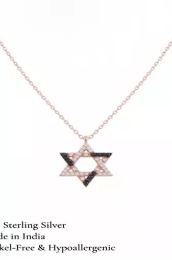925 Sterling Silver Rose Gold Plated Star of David Necklace Pendant Set  with Black & White Cubic Zircon