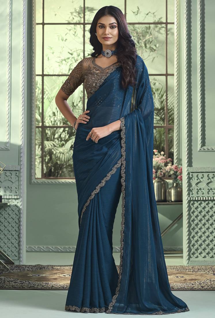 Blue embroidery geogette party wear saree with blouse piece
