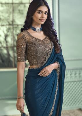 Blue embroidery geogette party wear saree with blouse piece 2