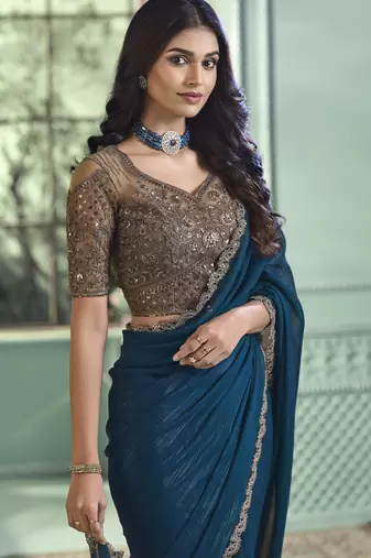 Blue embroidery geogette party wear saree with blouse piece