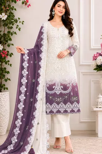 Purple&white georgette semi stitched suit with embroidery & sequin  work