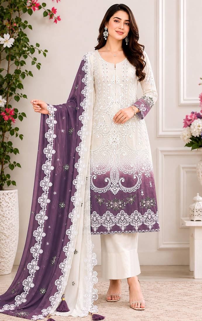Purple&white georgette semi stitched suit with embroidery & sequence work