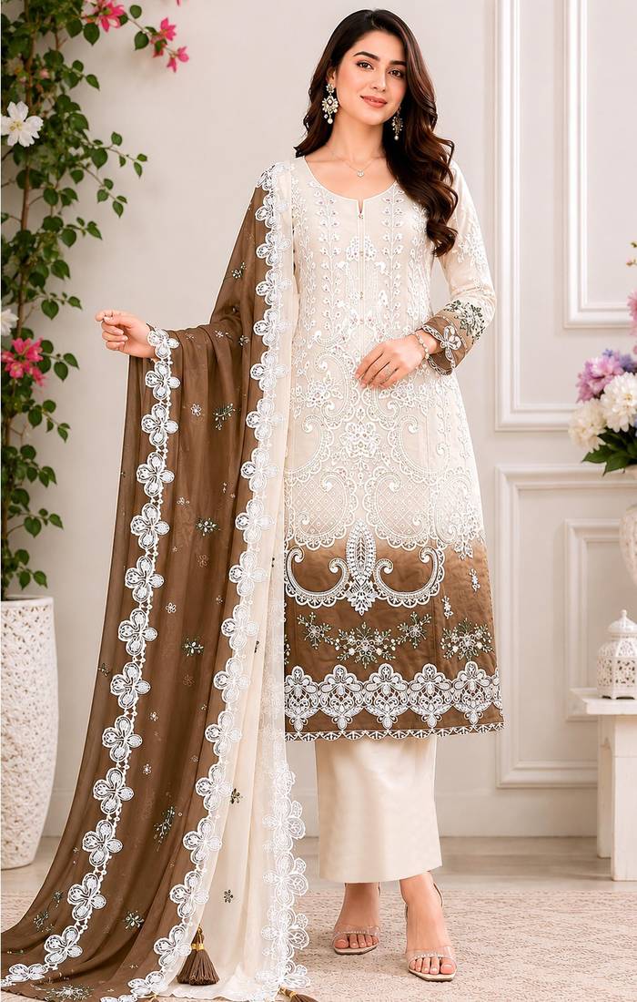 Brown&white georgette semi stitched suit with embroidery & sequence work