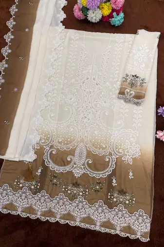 Brown&white georgette semi stitched suit with embroidery & sequin  work
