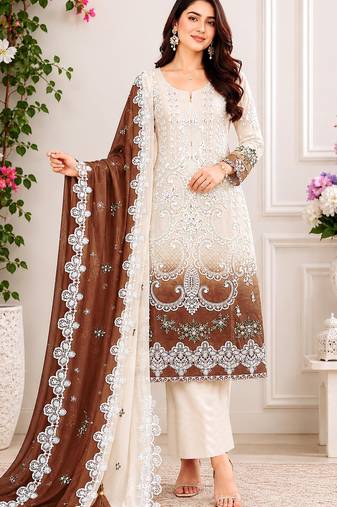 Maroon&white georgette semi stitched suit with embroidery & sequence work