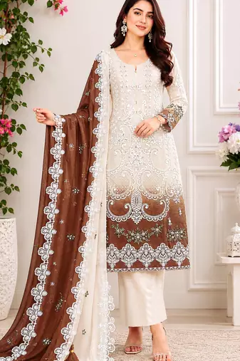 Maroon&white georgette semi stitched suit with embroidery & sequin  work