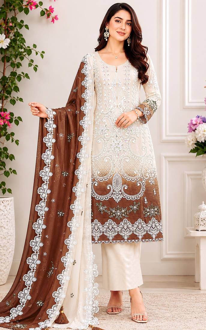 Maroon&white georgette semi stitched suit with embroidery & sequence work