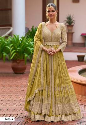 Yellow chinon semi stitched suit with embroidery & codding work 1