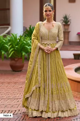 Yellow chinon semi stitched suit with embroidery & codding work