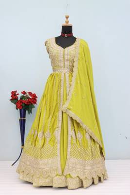 Yellow chinon semi stitched suit with embroidery & codding work 2