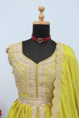 Yellow chinon semi stitched suit with embroidery & codding work 3