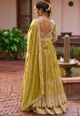 Yellow chinon semi stitched suit with embroidery & codding work 4