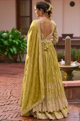 Yellow chinon semi stitched suit with embroidery & codding work