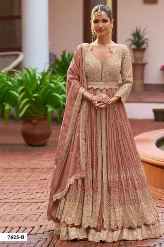 Peach chinon semi stitched suit with embroidery & codding work