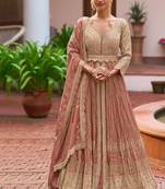 Peach chinon semi stitched suit with embroidery & codding work