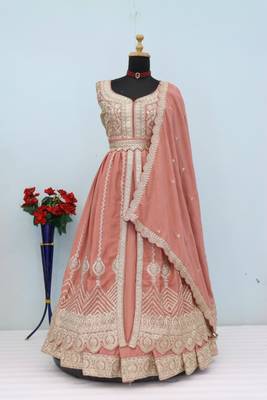 Peach chinon semi stitched suit with embroidery & codding work 2