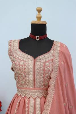 Peach chinon semi stitched suit with embroidery & codding work 3