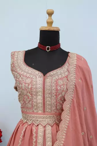 Peach chinon semi stitched suit with embroidery & codding work