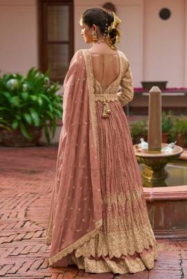 Peach chinon semi stitched suit with embroidery & codding work 4