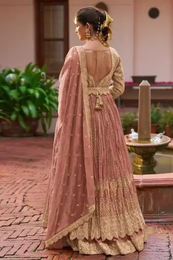 Peach chinon semi stitched suit with embroidery & codding work