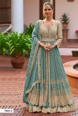 Blue chinon semi stitched suit with embroidery & codding work 1