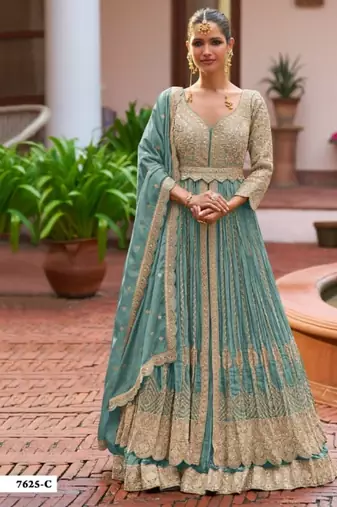 Blue chinon semi stitched suit with embroidery & codding work