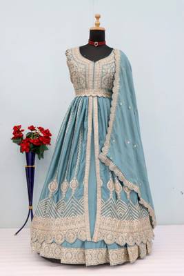 Blue chinon semi stitched suit with embroidery & codding work 2