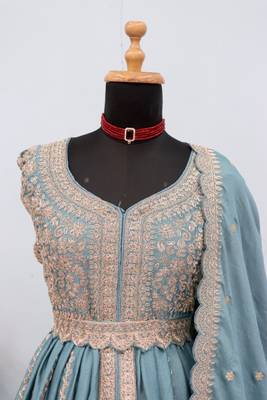 Blue chinon semi stitched suit with embroidery & codding work 3