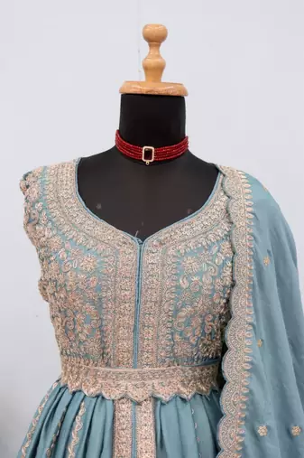 Blue chinon semi stitched suit with embroidery & codding work