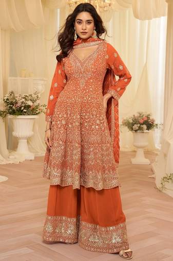 Orange Georgette Readymade Stitched Suit with Embroidery & Zarkan Work