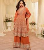 Orange georgette free size stitched suit with embroidery & zarkan work