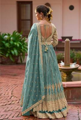Blue chinon semi stitched suit with embroidery & codding work 4