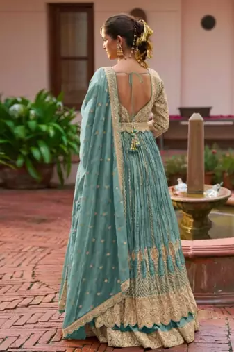 Blue chinon semi stitched suit with embroidery & codding work