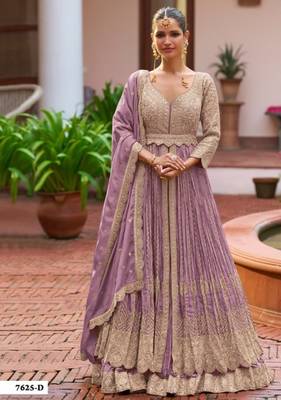 Lavender chinon semi stitched suit with embroidery & codding work 1