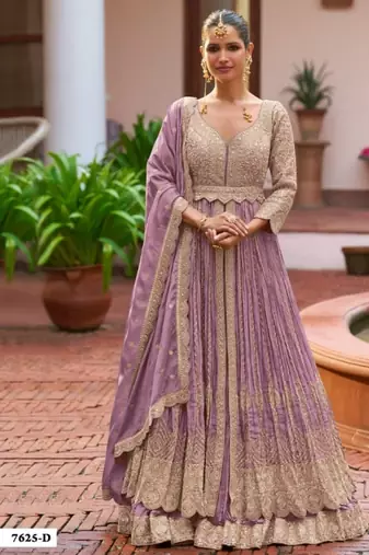 Lavender chinon semi stitched suit with embroidery & codding work