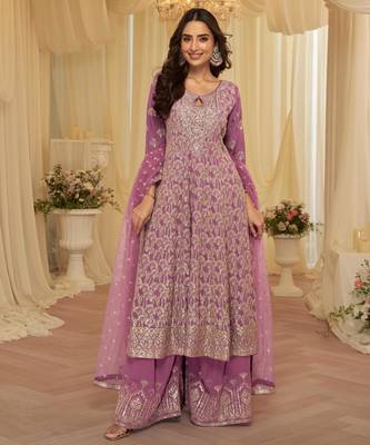 Purple georgette free size stitched suit with embroidery & zarkan work 1