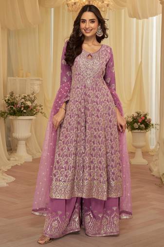 Purple Georgette Readymade Stitched Suit with Embroidery & Zarkan Work