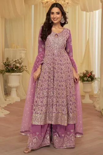 Purple georgette free size stitched suit with embroidery & zarkan work