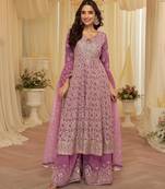 Purple georgette free size stitched suit with embroidery & zarkan work