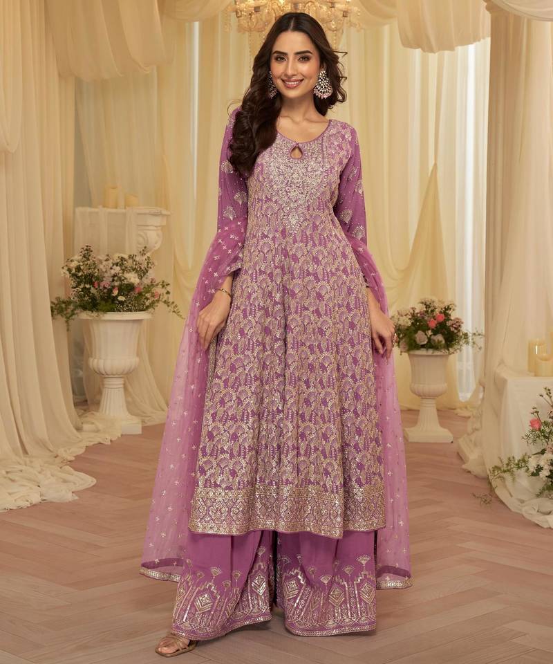 Purple georgette free size stitched suit with embroidery & zarkan work