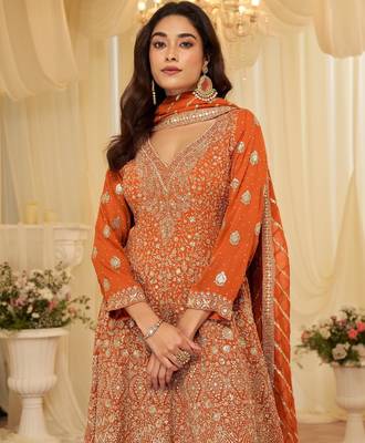 Orange georgette free size stitched suit with embroidery & zarkan work 2