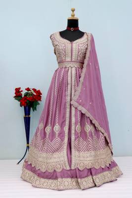 Lavender chinon semi stitched suit with embroidery & codding work 2