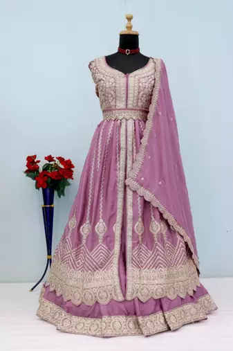 Lavender chinon semi stitched suit with embroidery & codding work