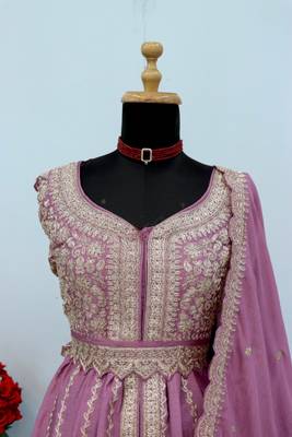 Lavender chinon semi stitched suit with embroidery & codding work 3
