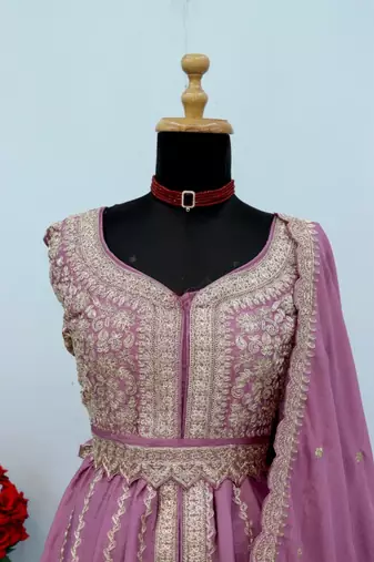 Lavender chinon semi stitched suit with embroidery & codding work